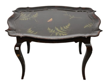 2 Pc. Vintage Tray & Stand, Handpainted Tray with Fern & Insect Design on Fern Painted Stand, Made