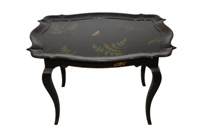 Antique Tole Tray on Custom Form Stand, Patina Italy Label, 18"h x 20 1/2"w x 22"d (Tole has paint