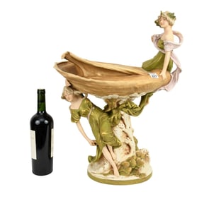 Royal Dux Porcelain Grouping Centerpiece, Seated Maiden At Edge of Shell with Female on Branch