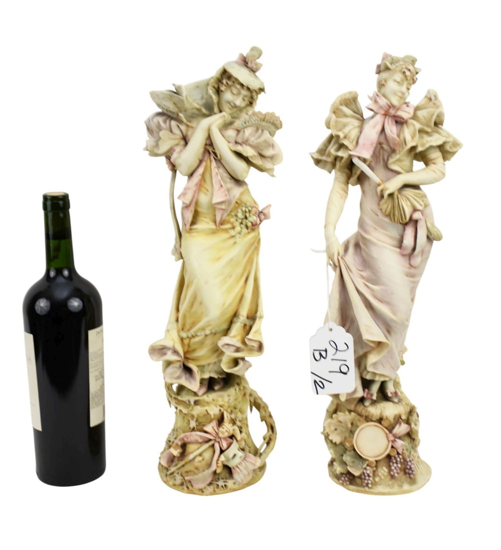 2 Porcelain Figural Females in Fancy Ruffled Garb, Marked Turn Teplitz Bohemia, 17"h x 4"w (some: 2 Porcelain Figural Females in Fancy Ruffled Garb, Marked Turn Teplitz Bohemia, 17"h x 4"w (some chips)