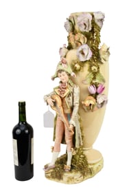 Vintage Oversized Porcelain Vase with Musician and Applied Flowers, 25"H x 10"w x 10"d (some chips)