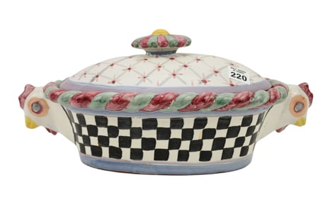 Mackenzie Childs Covered Serving Dish, Terracotta, polychrome, chickens, signed, 6"h x 15"w