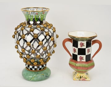 2 Mackenzie Childs Vases, Large 11"h, Small 7"h x 6"w, signed