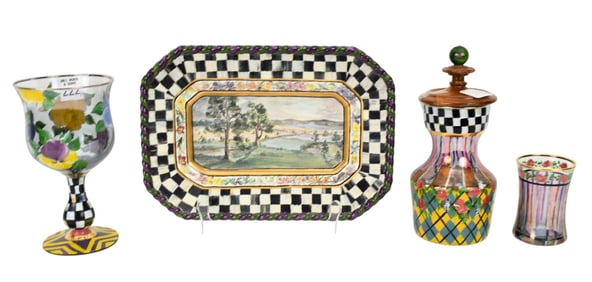 4 Pcs. Mackenzie Childs, 3 Glass Objects, Ceramic Tray, Largest Pc. 7"h x 9"w