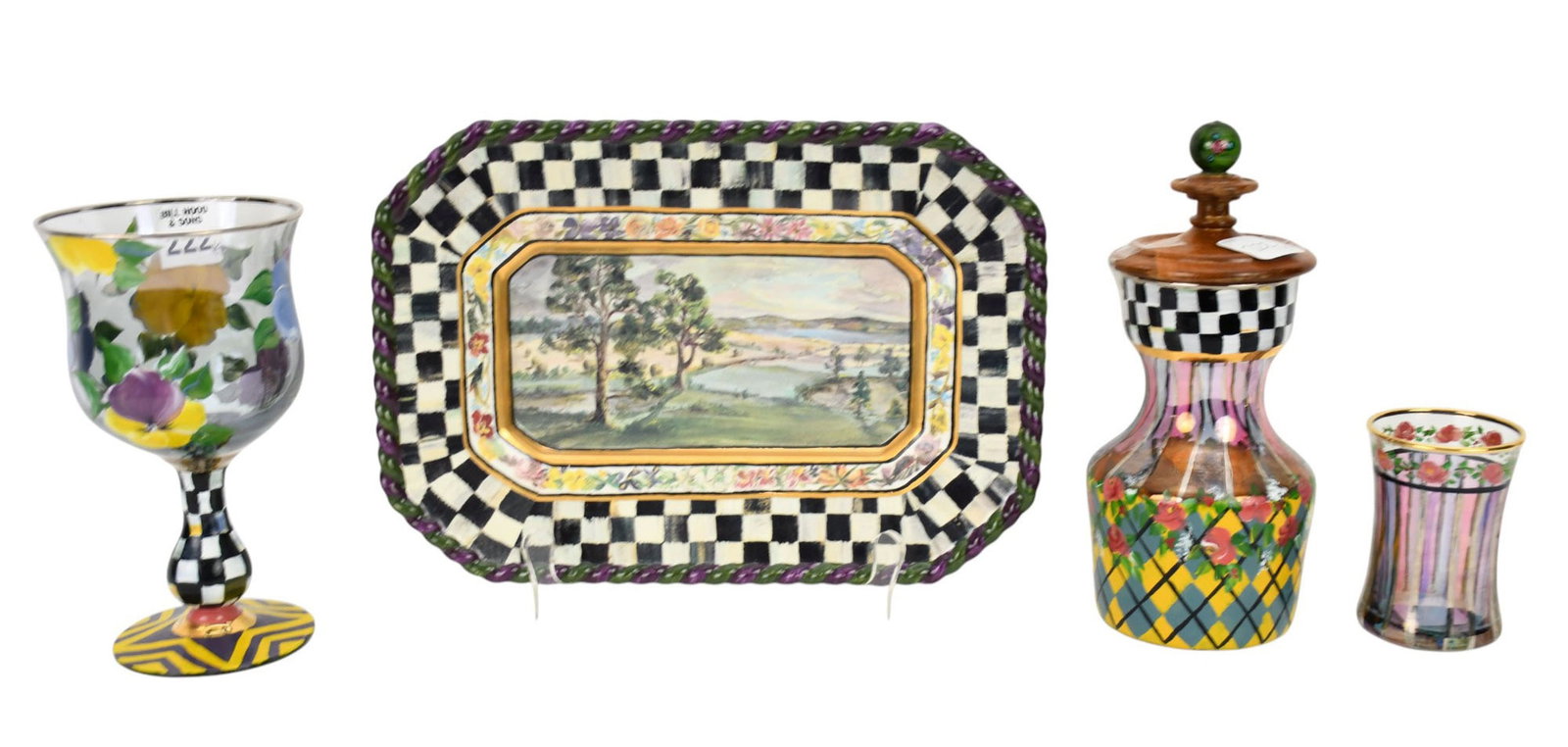 4 Pcs. Mackenzie Childs, 3 Glass Objects, Ceramic Tray, Largest Pc. 7"h x 9"w (1 of 8)