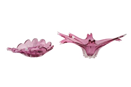 2 Italian Art Glass Abstract Centerpieces/Bowls, Signed Formia Vietri Di Murano, Pink/Purple