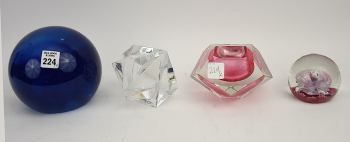 4 Glass Objects d' Art, Blue Sphere, Small Vase, Abstract Baccarat Paperweight AND Selkirk Glass