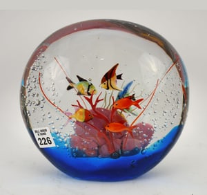 Large Murano Modern Glass Fish Bowl, Signed Murano, Artist Signed Illegibly, 7 1/2"h x 9"w