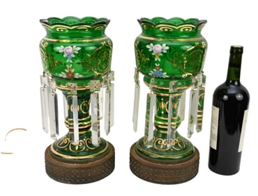 Pair Antique Electrified Lustres, Green with Enameling Around Bowls & Fluted Rims, 14"h x 6"w (some