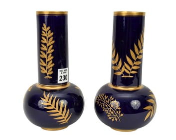 Pair Antique Royal Worchester Porcelain Cobalt Blue Vases, with Raised Gilded Leaf Accents, 19th