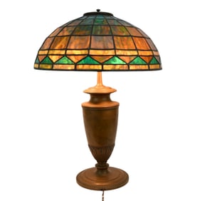 Vintage Tiffany-Style Table Lamp, Leaded Glass Shade, Bronze Base - Having a bronze urn-form base