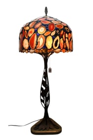 Bronze Lamp with Agate Shade - Late 20th century. Having a leaded shade of natural agate slices set