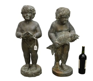 Two Bronze Garden Sculptures of Children, 20th Century - Two patinated garden sculptures of young