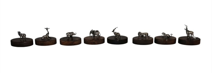 Patrick Mavros Sterling & Ebony African Animal Place Card Holders - Eight (8) sterling silver animal