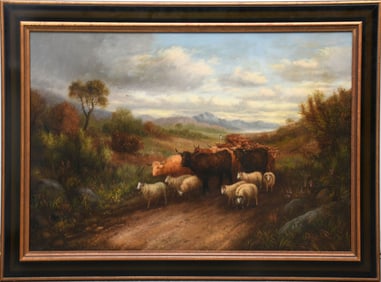 19th century European school signed H Jackson Highland Animals,  Painting 24 x 36 inches. overall