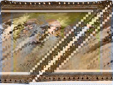 Wright Barker (British, 1864-1941) oil on canvas two "Rams" signed and dated '03. framed in a carved