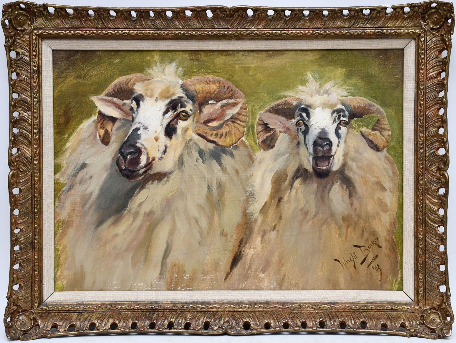 Wright Barker (British, 1864-1941) oil on canvas two "Rams" signed and dated '03. framed in a carved (1 of 7)