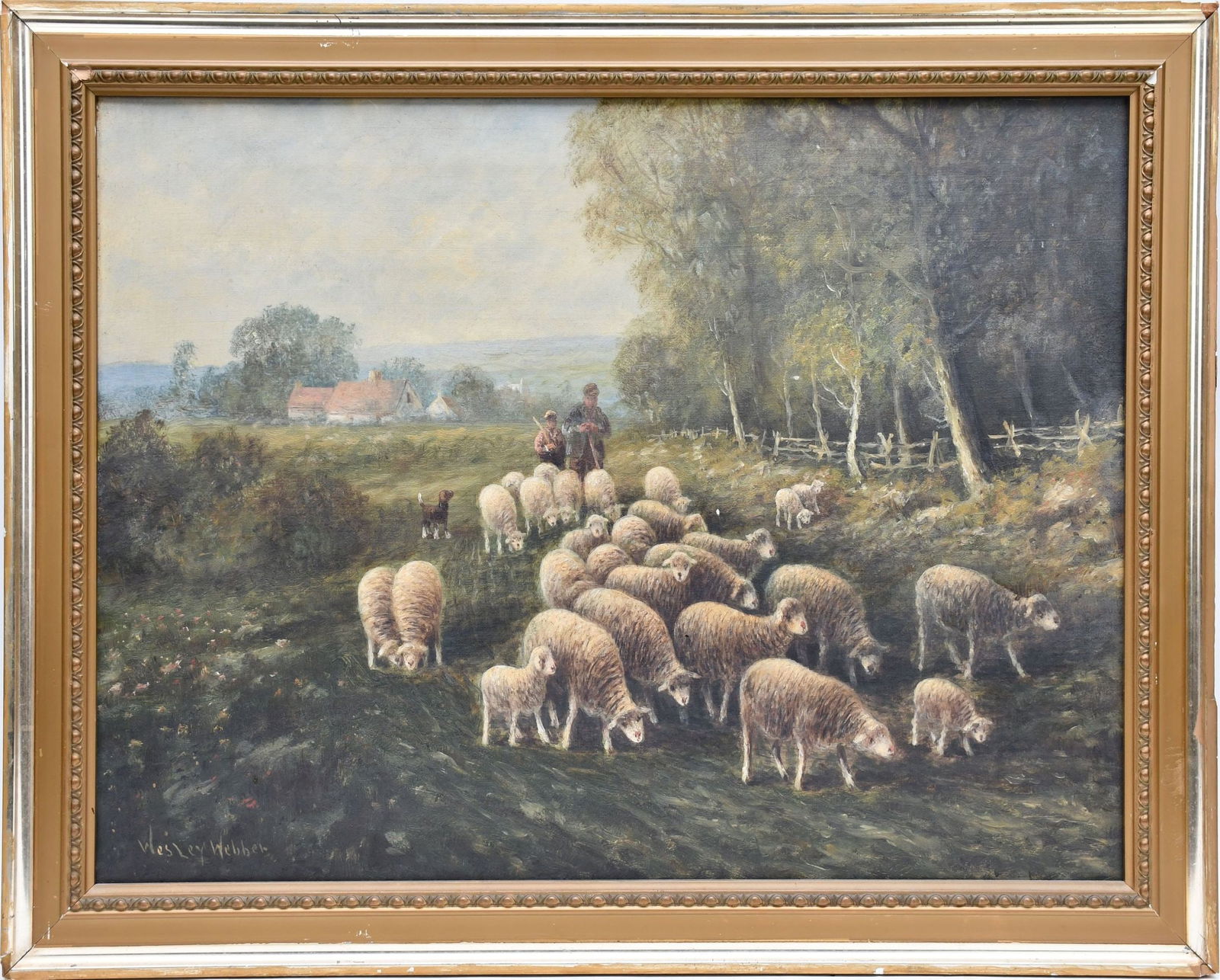 Elbridge Wesley Webber (AMERICAN, 1841–1914) oil on canvas, Sheep and Herders in a pasture, 18 x (1 of 6)