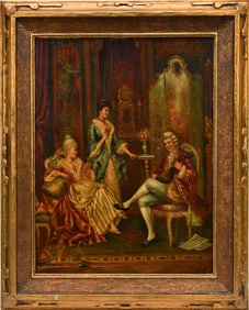 19th Century German School signed F. Heinz, oil on wood panel, Interior Parlor Scene-Man playing