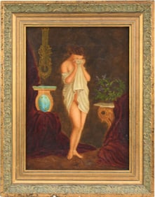 19 century oil on canvas painting of interior nude bather, no apparent signature 12 x 9 inches,