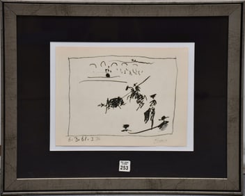 Pablo Picasso hand signed number 12/50 Bull Fight6-3-61,  sheet size 9 1/2 x 12 1/2?? overall frame