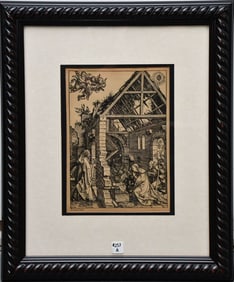 Albrecht Durer Woodcut Engraving, THE NATIVITY. early lined paper, reads: die geburt Chrifti, also