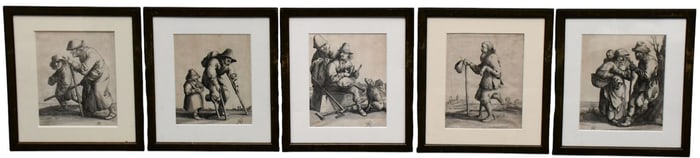 5 Engravings by Pieter Jansz. Quast (Amsterdam 1606-1647) "Crippled Beggar with Child,"  "Beggar