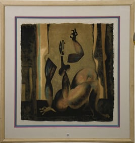 Byron Galvez (Mexican, 1941-2009) On Stage- 1989. Signed and numbered Acryliograph on handmade paper