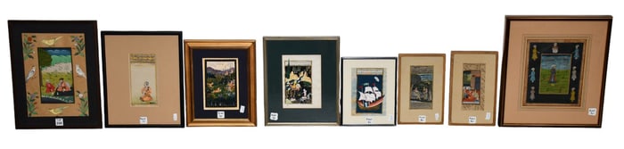 Collection of eight Persian/Indian Google style miniature Paintings some with old text on reverse.