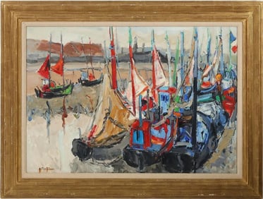 Andre Raffin (France, 1927 - 2004) Oil on canvas, Harbor Scene, depicting colorful fishing and