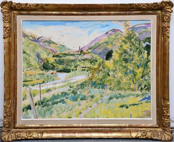 Mountain Landscape signed and dated '37.  Vintage Watercolor/Gouache Painting- 21 1/2 x 28 1/2