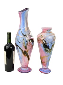 2 Art Glass Vases Illegibly Signed, Gold, Pink & Lavendar, 19"h x 7"w & 14"h x 6"w