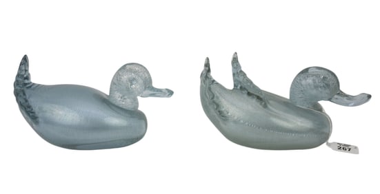 Pair Murano Blue Glass Ducks, Blue with Silver Flecked Interior, Signed Illegibly, 4 3/4"h x 9 1/2"w