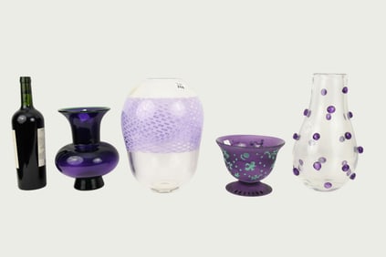 4 Assorted Tableware's, 3 Vases, Bowl, Lavenders & Purples, Chatam Glass Co. Nadal, Kosta Boda, One