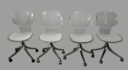 4 Lucite Office Chairs, White Leather Seats, Chrome Bases on Wheels, 34"h x 17"w x 18"d (bases show