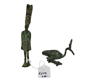 TWO ANCIENT BRONZE VOTIVE FIGURES -  Probable ancient Egyptian, late Dynastic to Ptolemaic periods,