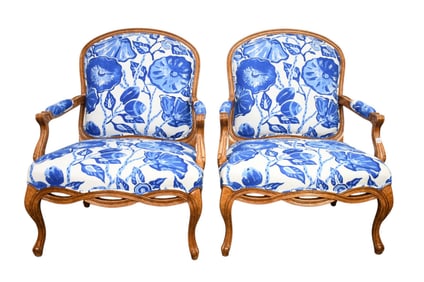 Pair Oversized French Style Armchairs, Blue & White Floral Linen Upholstery, 41"h x 33"w x
