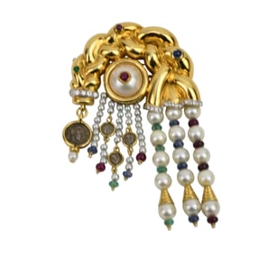 18K Yellow Gold with Pearls, Emerald, Sapphire, Diamond Brooch.  Wt. 59.3 grams 3.5" x 2.5"