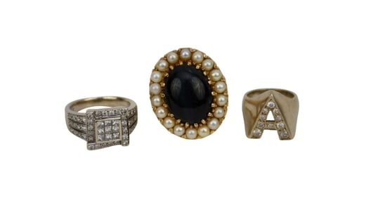 3 - 14K Yellow and Yellow Gold Ring. 2 Diamond rings size 2 and 6.25 and Onyx with seed pearl ring