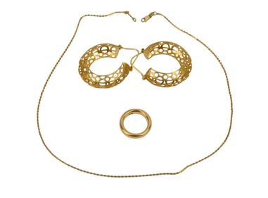 18K yellow Gold Jewelry Lot.  Hoop earrings 1.75", ring size 5.5 and Necklace 18". Wt. 29.1 grams