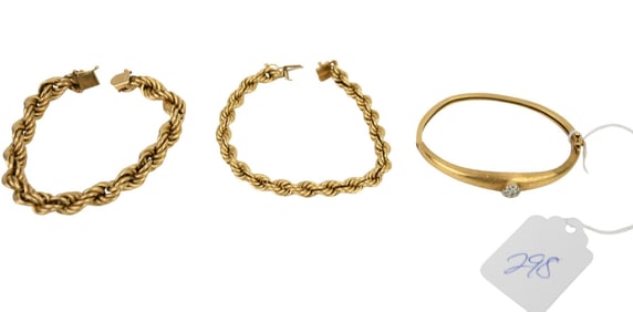 2 - 14K Yellow Gold Bracelets. 2 Rope bracelet and 1 bangle with diamonds Wt. 44.4 grams length 8"