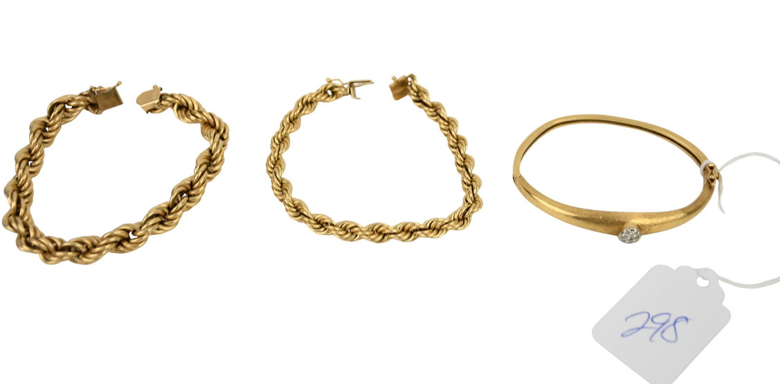 2 - 14K Yellow Gold Bracelets. 2 Rope bracelet and 1 bangle with diamonds Wt. 44.4 grams length 8" (1 of 5)