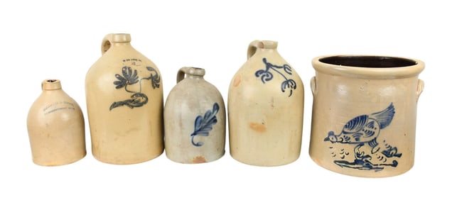5 American Stoneware Crocks, Largest 4 Gallon Crock with Blue Bird (flaking with repair), 4 Jugs