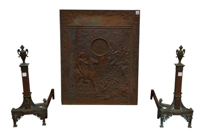 Brass Classical Motif Andirons with Tin Fire Screen, Fire Screen Has Cowboy & Indian Motif (31"h x