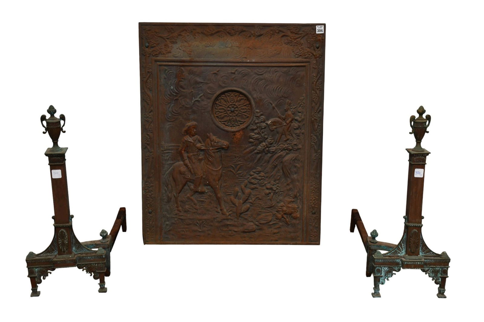 Brass Classical Motif Andirons with Tin Fire Screen, Fire Screen Has Cowboy & Indian Motif (31"h x (1 of 6)
