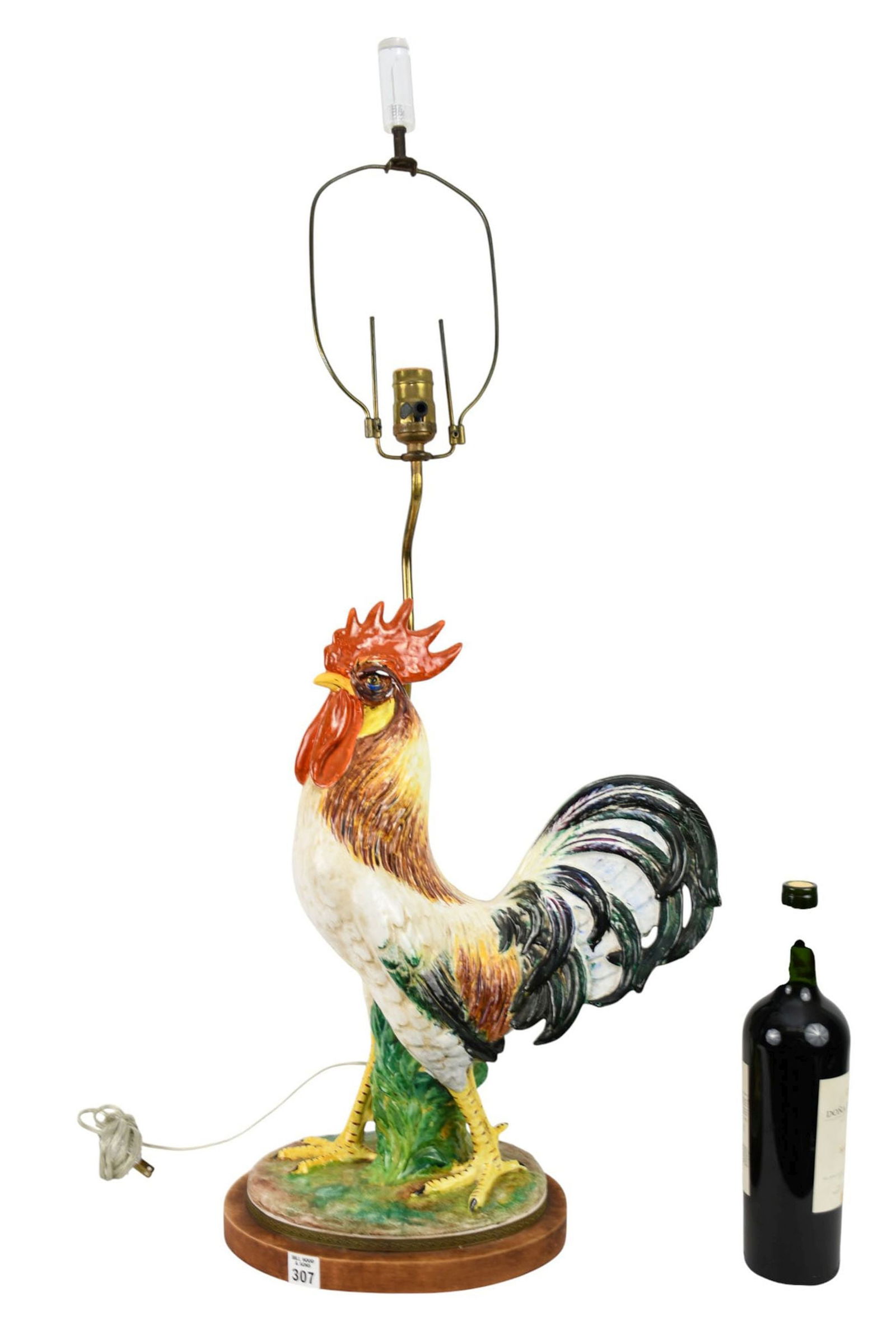 Ceramic Multicolor Rooster Lamp on Wood Base, 36"h to top x 14"w (1 of 6)