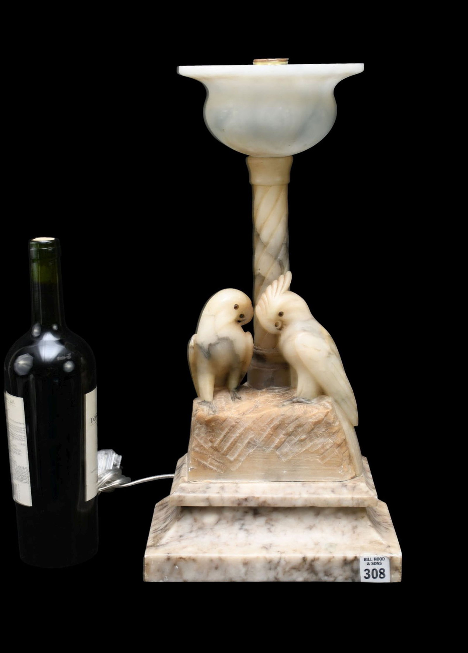 Marble Lamp with Love Birds, 18"h x 10"w x 5"d (rim with small chips): Marble Lamp with Love Birds, 18"h x 10"w x 5"d (rim with small chips)