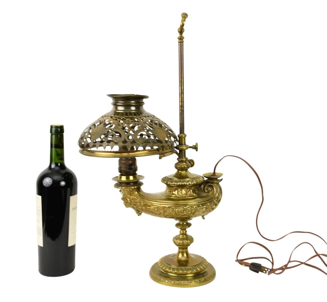 Antique Brass Aladdin Lamp, Electrified, 21"h x 9"w (missing globe/chimney) (1 of 5)