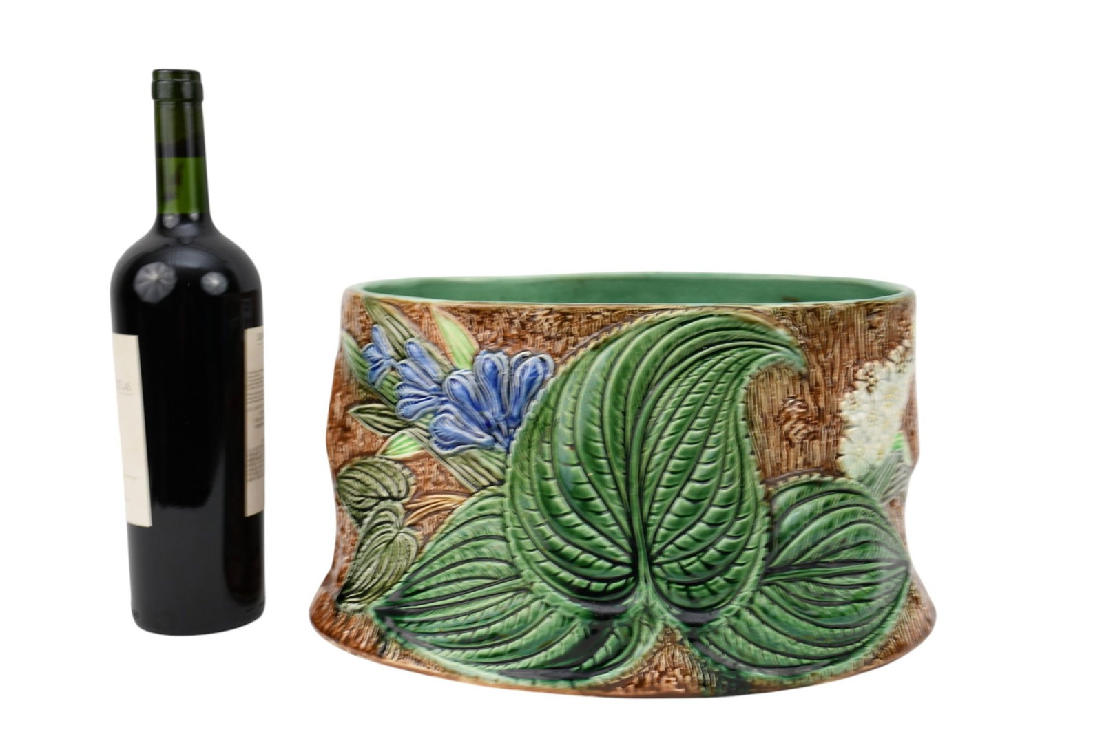 Majolica Jardinière, Faux Bois with Raised Large Leaf Design, 7"H x 12"w: Majolica Jardinière, Faux Bois with Raised Large Leaf Design, 7"H x 12"w