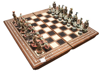 Chess Set, Oriental Themed Lead Figures on Hinged Wood Board with Inlay